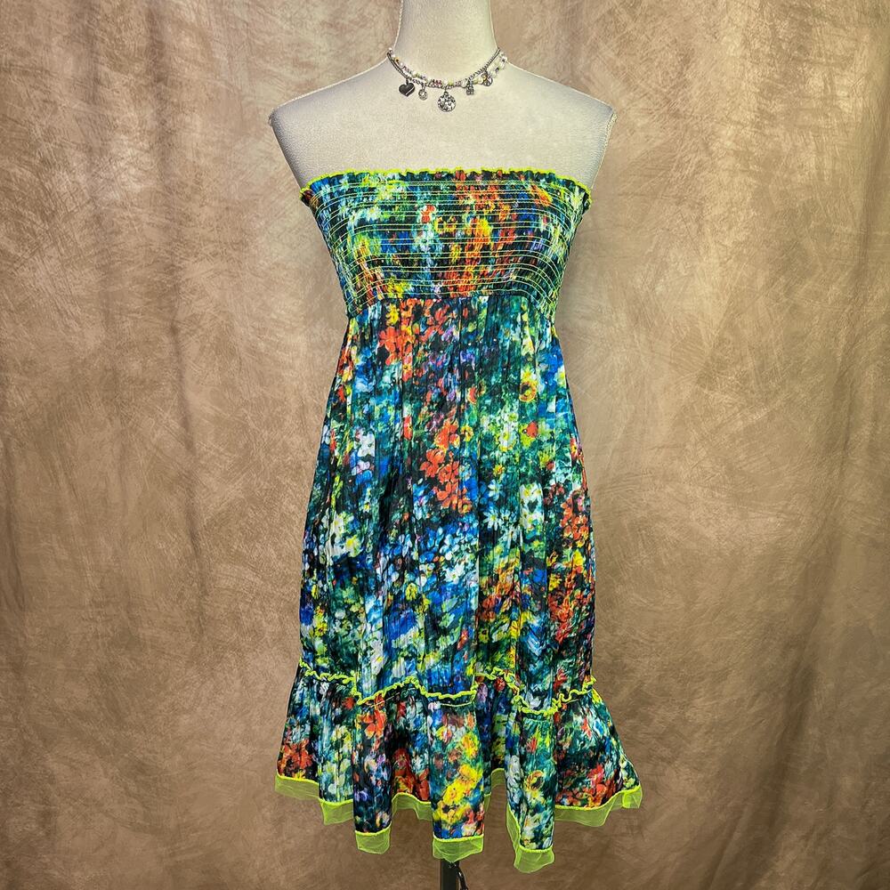 Vintage Y2K Strapless Mini Dress Multicolor Floral Smocked Bodice Mesh Trim Boho